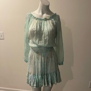 Juliet dunn London one size Light Aqua Off-Shoulder Boho Ruffle Dress